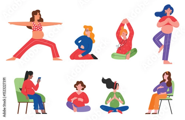 Obraz Pregnant woman poses vector illustration set. Cartoon daily home activities, young happy female character practicing yoga, using phone to communicate in different pregnancy postures isolated on white