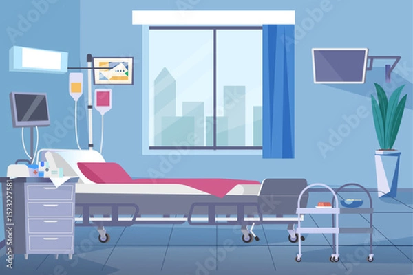 Fototapeta A peaceful hospital room featuring a bed, medical equipment, and a view of a cityscape through the window. The design is modern and clean.