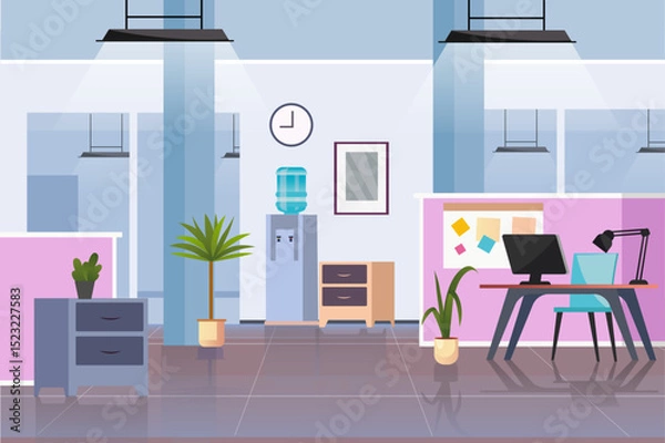 Fototapeta A colorful modern office space featuring plants, a water cooler, desks, and diverse decor. The environment is bright and conducive to creativity.