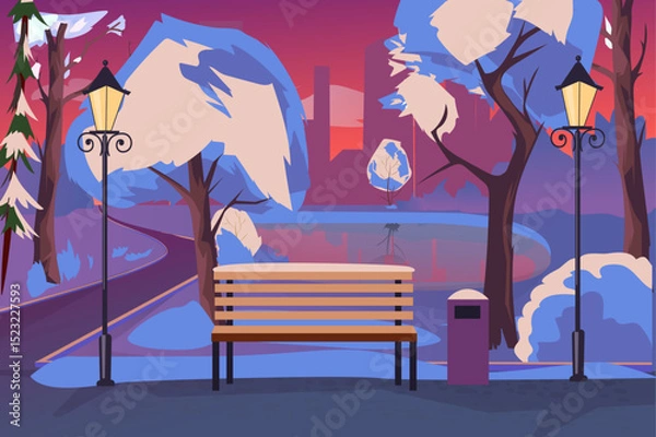 Fototapeta A serene winter park scene featuring a wooden bench surrounded by snow-covered trees and glowing street lamps against a pinkish sky.