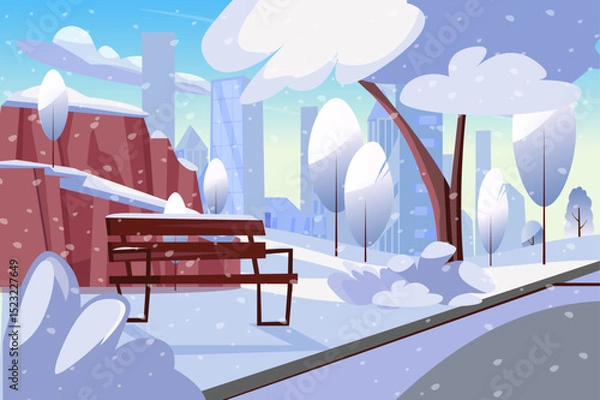 Fototapeta A serene winter park scene featuring light snowfall, a bench, and distant skyscrapers covered in snow. The landscape is peaceful and inviting for a stroll.