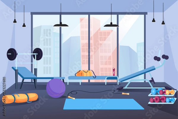Fototapeta A vibrant gym interior featuring exercise equipment, weights, yoga mats, and a large window view, showcasing an energetic fitness environment.