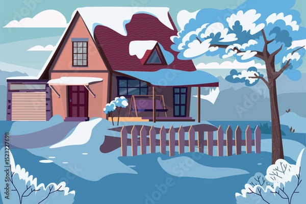Fototapeta A charming winter house surrounded by snow, featuring a swing and a cozy design. The scene captures a serene and cold atmosphere.