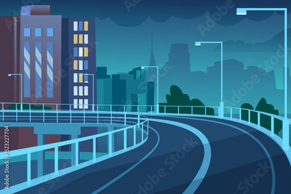 Fototapeta A vibrant city scene showcasing a winding road and tall buildings under a night sky. Perfect for illustrating urban life and modern architecture.