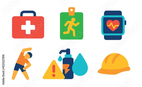 Fototapeta Flat vector icons of gym safety and health: first aid kit icon, emergency exit badge, sanitizer dispenser, heart rate monitor, stretching guide, injury prevention, hydration reminder, safety helmet.