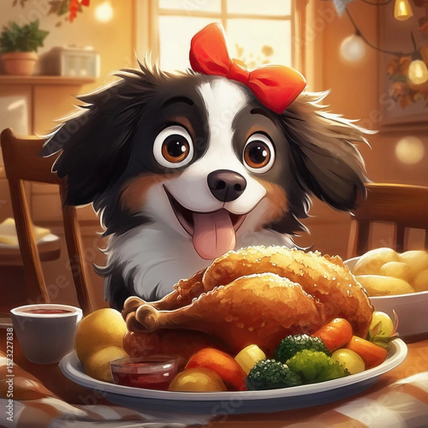 Fototapeta Cute dog in front of a chicken
