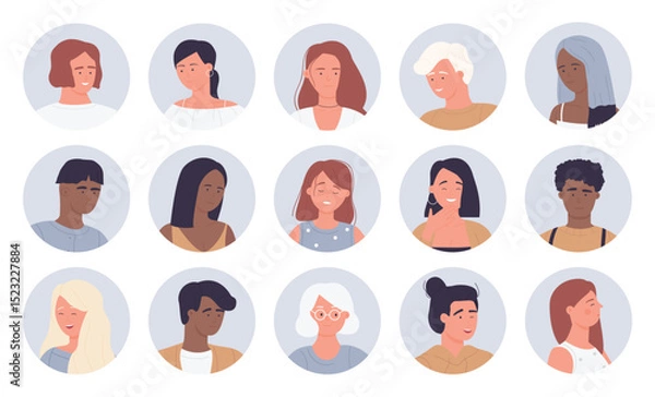 Obraz People portrait round avatars vector illustration set. Cartoon young and old man woman face userpics, multinational community, user customer characters smiling and laughing, winking isolated on white