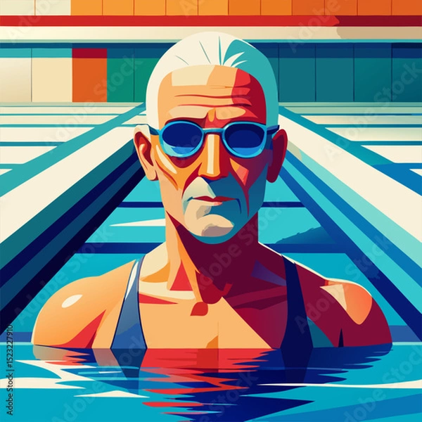 Fototapeta Elderly swimmer in pool: graceful movements through turquoise water under sunlight, radiating health and joyful energy.