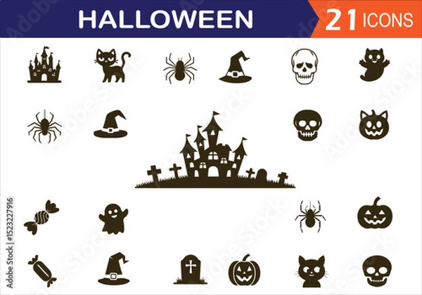 Fototapeta Halloween element icon set. Castle, spider nest, witch hat, skeleton head, pumpkin, black cat, cute baby ghost and candy. Silhouette icon set.
