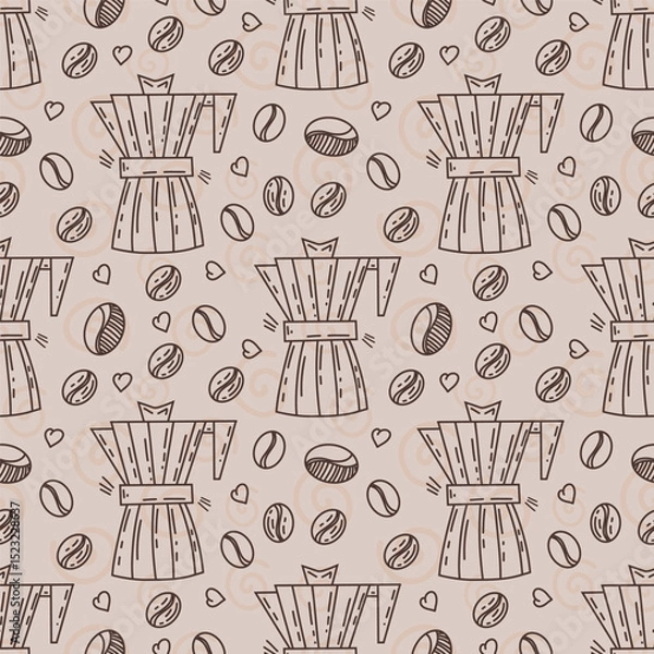 Fototapeta Coffee pot, coffee, beans pattern design. Linear background for menus, coffee shops, web design, bakeries and cafes.