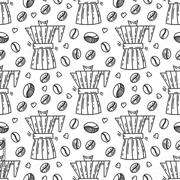 Fototapeta Coffee pot, coffee, beans pattern design. Linear background for menus, coffee shops, web design, bakeries and cafes.