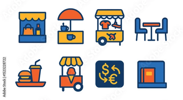 Fototapeta Flat vector icons of airport retail and dining: duty-free shop, coffee kiosk, souvenir stand, food court, fast food tray, ice cream cart, currency exchange, bookstore.