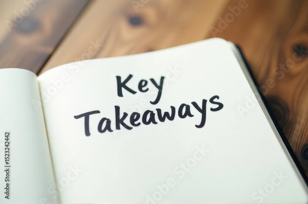 Obraz A book with notes and summaries from a presentation or meeting, featuring the phrase 'key takeaways'