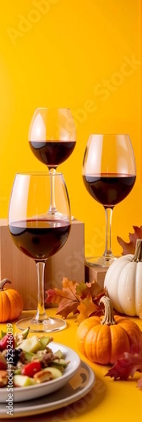 Fototapeta Elegant red wine glasses with rich dark wine set against a vibrant yellow background, accompanied by seasonal pumpkins and a fresh salad, autumn celebration concept of restaurants or catering