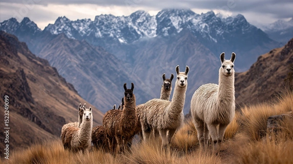Fototapeta Group of llamas gathered in a scenic highland valley, with snow-covered peaks rising in the background under cloudy skies.