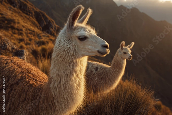 Fototapeta Close-up of two llamas standing in golden mountain grasslands during a peaceful sunset in the high Andes.