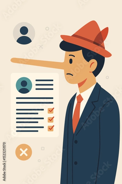 Fototapeta Pinocchio Resume Lie Fraud. Exaggeration in Job Application. False Information, Fake Employment History. Deception. Business Concept. Job Interview. Unemployment.