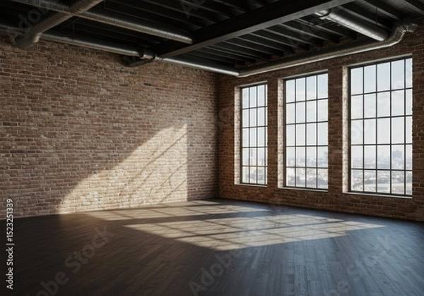 Fototapeta Empty Industrial Loft Room with Exposed Brick Walls, Large Grid Windows, and Sunlight