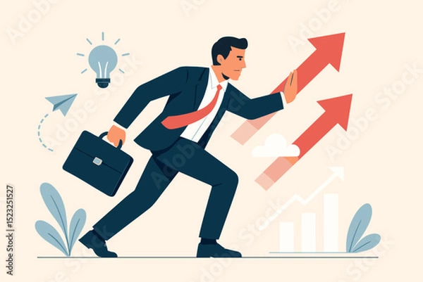 Fototapeta Ambitious businessman concept. Career progress, corporate growth. Executive with briefcase moving upward. Success strategy, innovation lightbulb, startup launch. Financial development. Vector.