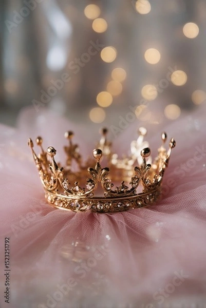 Fototapeta Elegant Golden Crown Resting on Soft Pink Fabric With Sparkling Background Decorations.