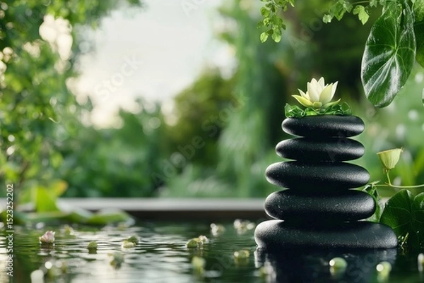 Fototapeta Serenity and Balance in a Tranquil Garden With a Stone Tower and Lotus Flower