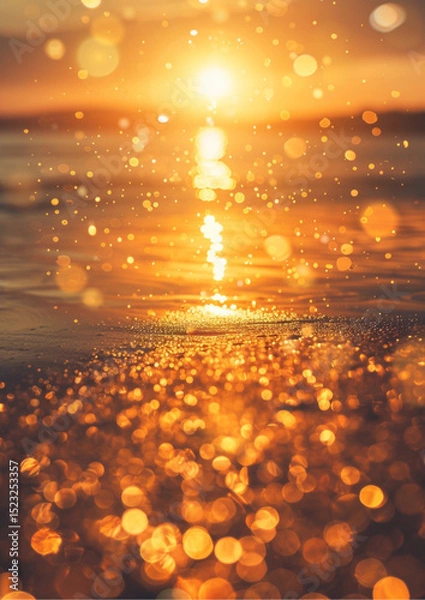 Obraz A beach background at sunset with warm golden light, gentle sparkles, floating dust particles, elegant summer light overlay, and a sunset beach background