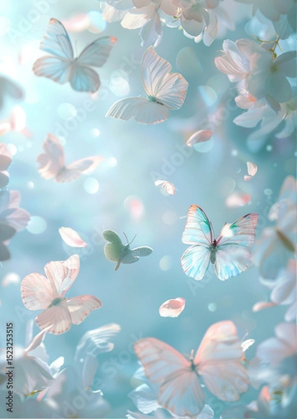 Obraz Elegant pastel background with soft white-blue tones, delicate butterflies fluttering through the air, translucent angel feathers floating gently, and light pastel flower petals drifting around