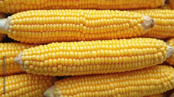 Obraz A top-down image of  ears of fresh shucked corn. Farmer's market. Homegrown sweet corn prepared to be boiled. From farm to kitchen.
