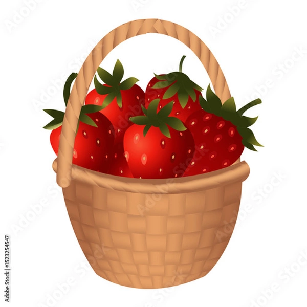 Obraz Large wicker basket full of ripe red strawberries. Vector illustration isolated on white background.