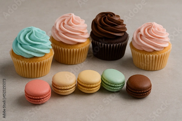 Fototapeta Sweet Elegance: A Delightful Display of Cupcakes and Macarons