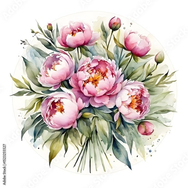 Fototapeta Watercolor painting with a bouquet of peonies in a circle.
