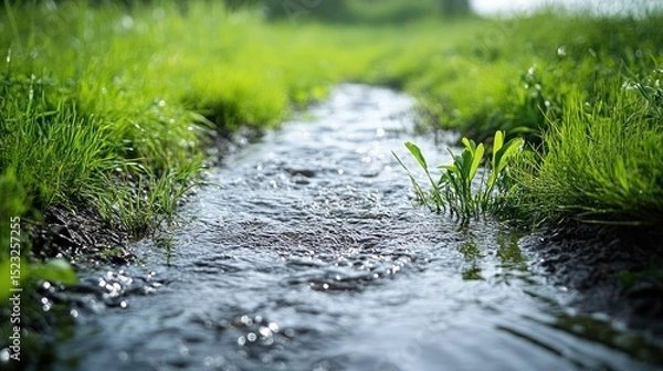 Fototapeta A narrow stream meanders through a grassy field