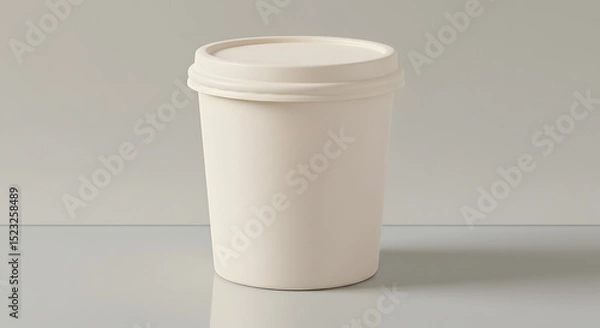 Fototapeta Minimalist White Disposable Ice Cream Pint with Lid on Reflective Surface, Isolated Against Neutral Background