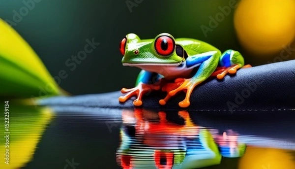 Obraz colorful tree frog with red eyes on water