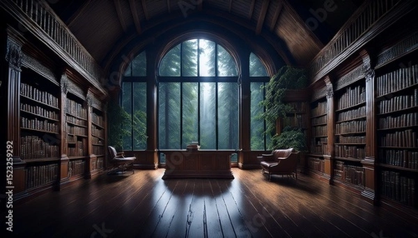 Obraz a dark academia library with a large window looking out into a rainy forest the library is full of old books and wooden furniture