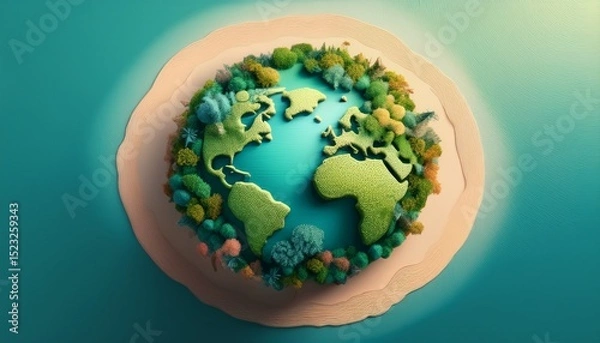 Obraz 3d render of a pastelcolored earth with lush green forests and clean oceans soft daylight top view