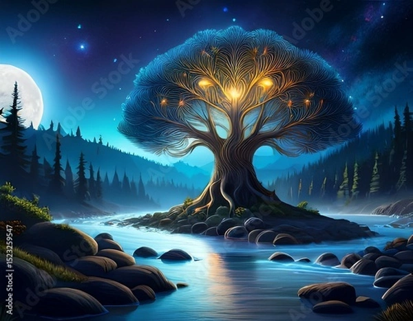 Obraz a mystical moonlit forest with a large glowing tree at its center the tree is surrounded by a river and a rocky shore and the sky is filled with stars and a bright moon