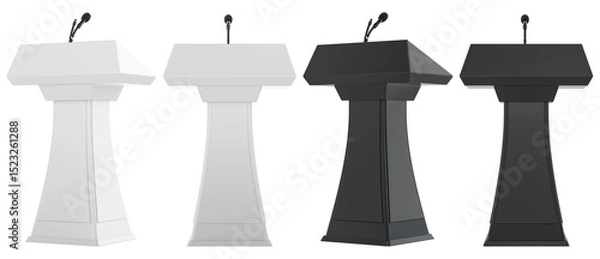 Obraz Podiums with microphones, white and black, side and front views. 3D rendering isolated on transparent background