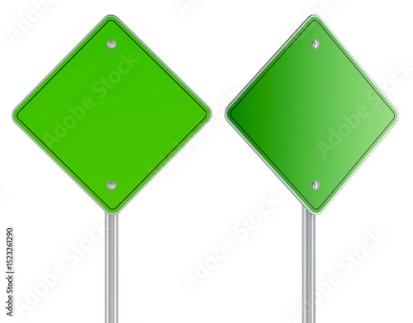 Obraz Green diamond-shaped road signs, blank on metal poles. 3D rendering isolated on transparent background