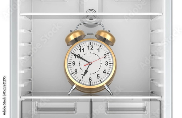 Fototapeta Alarm clock inside empty refrigerator, intermittent fasting concept. 3D rendering isolated on transparent background