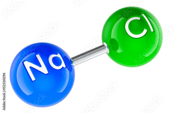 Obraz Sodium chloride NaCl molecule model. 3D rendering isolated on transparent background