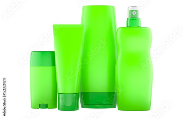 Obraz Eco-friendly blank green cosmetic bottles and tubes. Minimalist design for natural and organic beauty products, perfect for mockups, 3D rendering isolated on transparent background