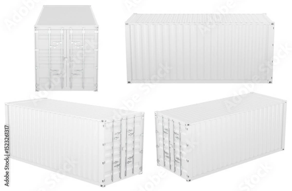 Fototapeta White cargo shipping containers from different angles. Blank surface for design, template or branding. 3D rendering isolated on transparent background