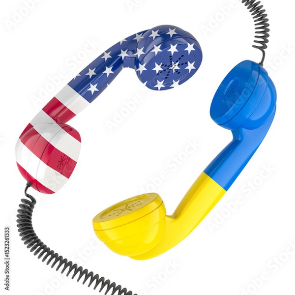 Obraz Ukraine USA communication, diplomacy, political dialogue, or negotiations between the two nations. Telephone receivers with United States and Ukrainian flags, 3D rendering isolated