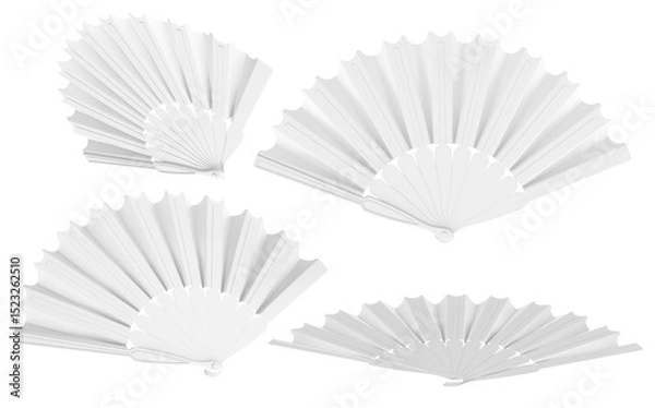 Obraz Set of blank white folding hand fans, for mockup or template use. 3D rendering isolated on transparent background