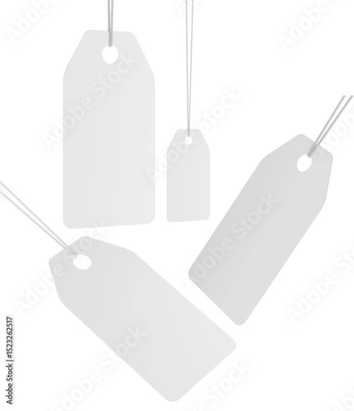 Fototapeta Set of blank white price tags with strings, in various sizes and angles. 3D rendering isolated on transparent background