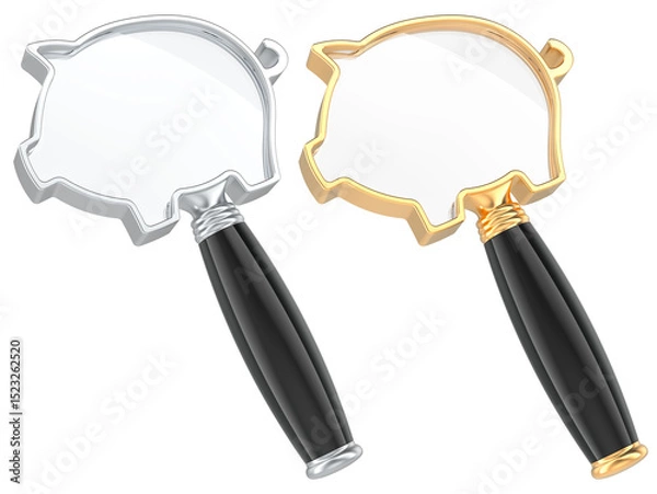 Obraz Piggy bank shaped magnifying glasses, gold and silver, 3D rendering isolated on transparent background