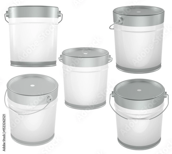 Obraz Collection of metal paint buckets blank template with handles and lids in different angles. 3D rendering isolated on transparent background