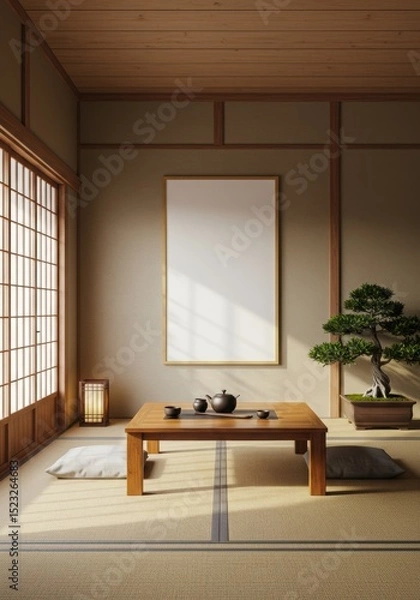 Fototapeta Blank Vertical Frame Mockup in a Serene Japanese Interior