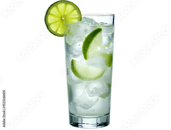 Fototapeta Dry gin and tonic with lime wedge and ice highball glass isolated.